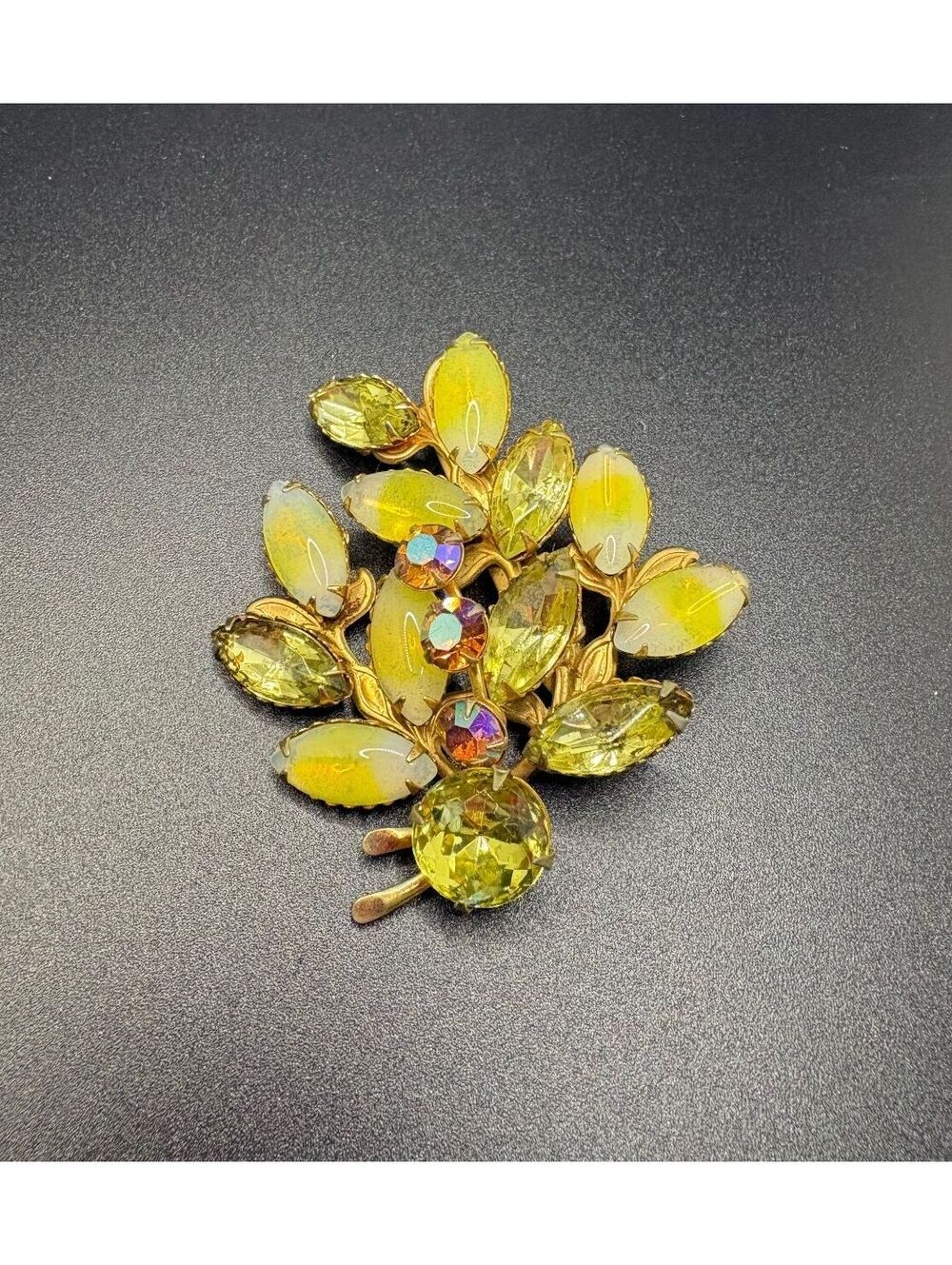 Vintage Yellow Citrine and Amber AB Rhinestone Floral Spray Brooch